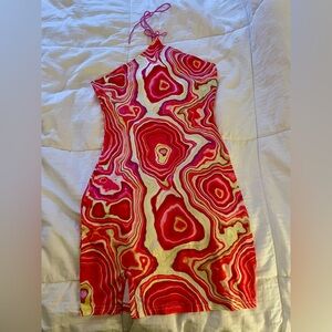 Vibrant Red Patterned Halter Dress